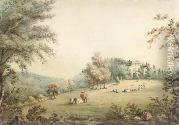 View Of A Country House In Parkland With Cattle And Sheep Oil Painting - Robert Hills