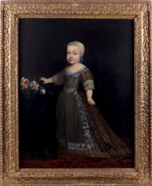 Portrait D'enfant Tenant Un Bouquet De Roses Oil Painting - Charles Beaubrun