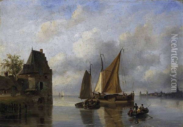 Schiffe Und Fahrboote Auf Einem Hollandischen Fluslauf Oil Painting - Nicolaas Johannes Roosenboom