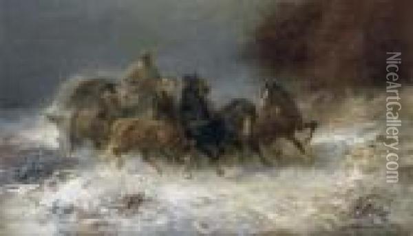 Horse And Carriage In Winter Oil Painting - Adolf Schreyer