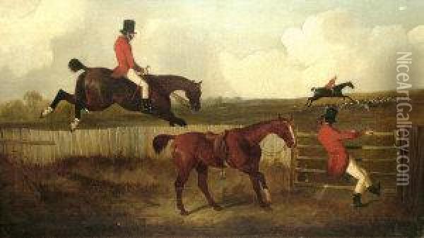 Hunting Scene With A Lame Horse 
And Rider Pursing On Foot And A Rider Taking A Fall At The Ditch Oil Painting - John Dalby Of York