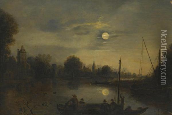 A Moonlit River Landscape With Figures In A Boat In The Foreground, A Village Beyond Oil Painting - Aert van der Neer