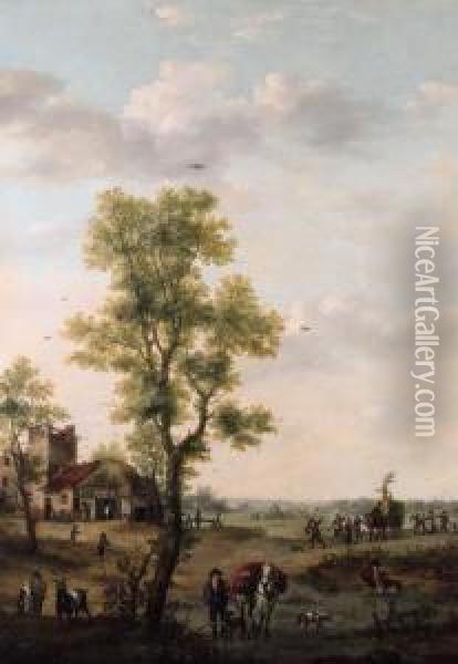 Harvesters Returning To A 
Village In An Extensive Landscape; Andfishermen Unloading Their Catch In
 An Extensive Landscape Oil Painting - Hendrick Willelm Schweickhardt