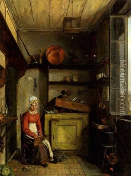 Jeune Femme Dans Un Interieur De Cuisine Oil Painting - Martin Droelling
