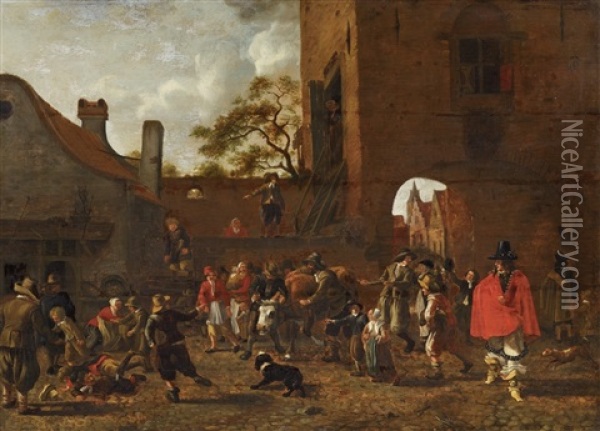 A Market Scene In Front Of A Town Gate Oil Painting - Sybrand Van Beest