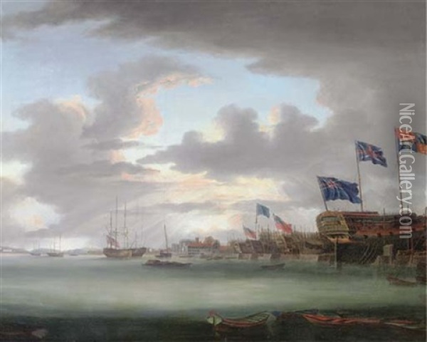 A View Of Blackwall, With Part Of The Dockyard, At The Launching Of The Bombay Castle, 74 Guns, Built At The Expense Of The Hon. East India Company And Presented By Them To His Majesty Oil Painting - Robert Dodd