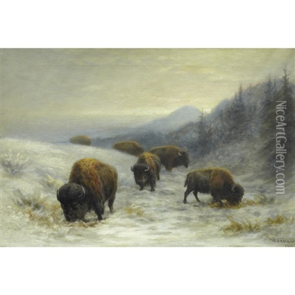 Buffalo Grazing, Winter Oil Painting - Frederick Arthur Verner