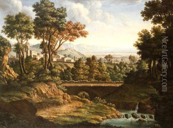 Paesaggio Con Ponte Di Pietra E Citta, Mare In Lontananza Oil Painting - Johann Christian Reinhart