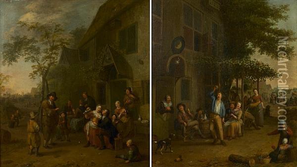 Figures Merry-making Outside An Inn; Also A Companion Painting Oil Painting - Gillis de Winter