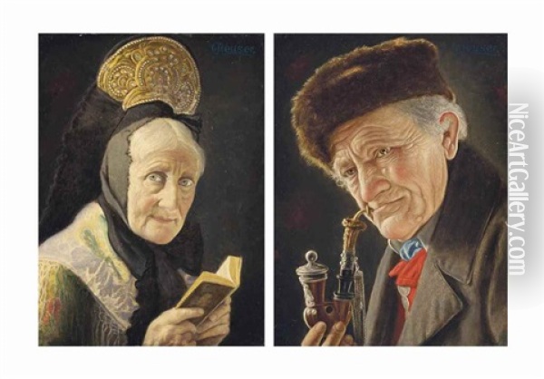 A Lady Wearing An Elaborate Headdress; And A Man Smoking A Pipe (pair) Oil Painting - Carl Heuser