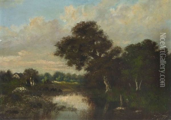 Landschaft Mit Teich Und Haus Oil Painting - Jules Dupre