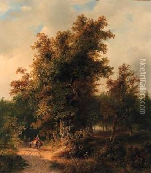 A Wooded Landscape With Travellers On A Sandy Track Oil Painting - Cornelis Lieste