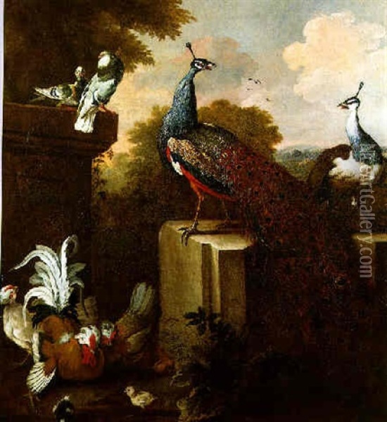 A Peacock And Peahen Standing On A Stone Pedestal In A Garden With A Cockerel, Hens, Chicks And Pigeons Oil Painting - Pieter Casteels III