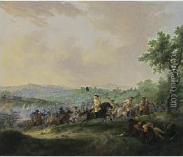 A Cavalry Battle Scene In A Hilly Landscape With Troops Retreating Oil Painting - Dirck Langendijk