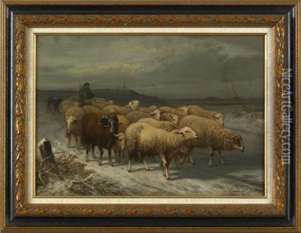 Winter Landscape With Flock Of Sheep Oil Painting - Laurent De Beul