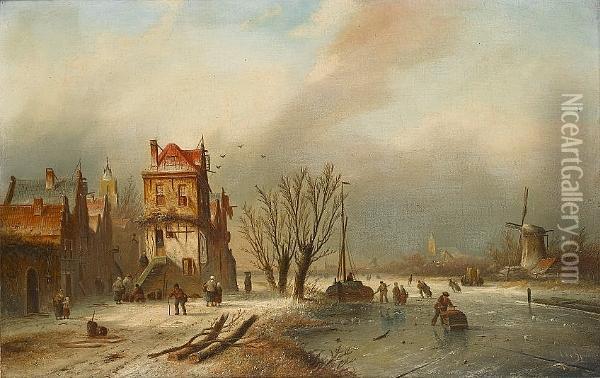 Dutch Winter Scene With Figures Skating On A River Oil Painting - Jan Jacob Coenraad Spohler