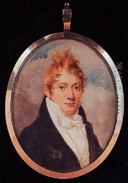 Portrait Of A Young Gentleman With Auburn Hair Wearing Slate Grey Coat And White Waistcoat Oil Painting - George Chinnery