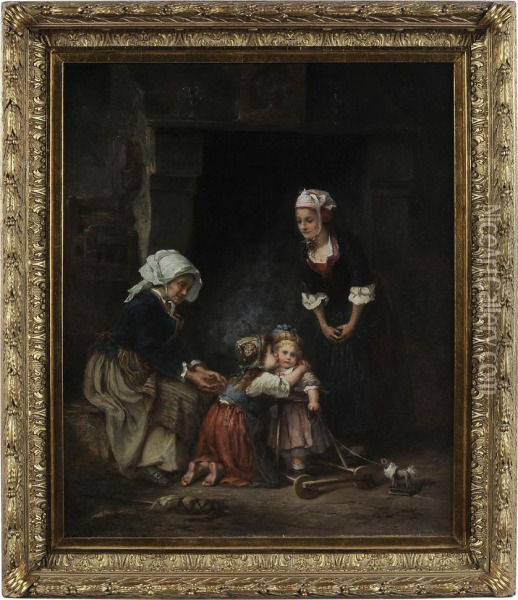 Family Group Encouraging A Toddler Oil Painting - Eugene Lejeune