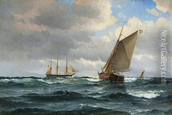 Fregatten Jylland Och Segelskutor Pa Oppet Hav Oil Painting - Vilhelm Victor Bille