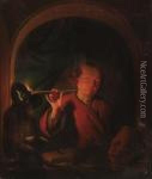 A Man Lighting A Pipe At A Casement With A Bust, A Statuette Andbooks On A Ledge Oil Painting - Louis de Moni