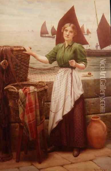 Girl Mending Nets Oil Painting - Ralph Todd