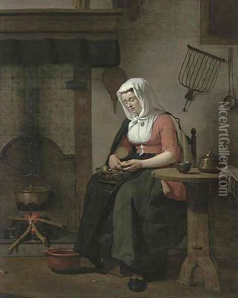 A woman seated in a kitchen peeling apples Oil Painting - Jan the Younger Ekels
