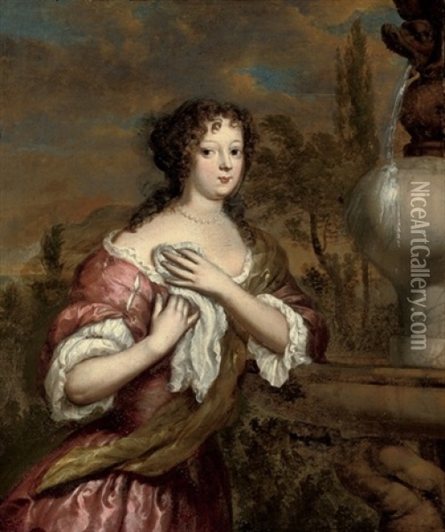 Portrait Of A Lady In A Pink Dress And White Chemise, By A Classical Fountain Oil Painting - Gerard Hoet the Elder