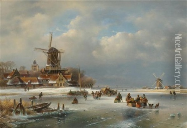 Dorfbewohner Auf Einem Gefrorenen Kanal Oil Painting - Lodewijk Johannes Kleijn