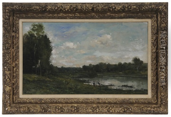 Bords De La Riviere, Pecheur Et Lavandiere Oil Painting - Charles Francois Daubigny
