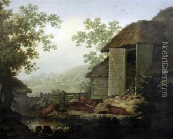 Cattle And Pigs Beside A Barn Oil Painting - James, Snr, Lewes Of Lambert