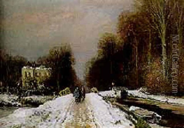 A Winter Landscape With A Peasant And Horses On A Snowy Path Along A Mansion Oil Painting - Louis Apol