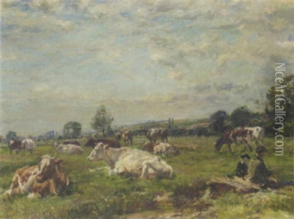 Cattle In A Meadow Oil Painting - Mark William Fisher
