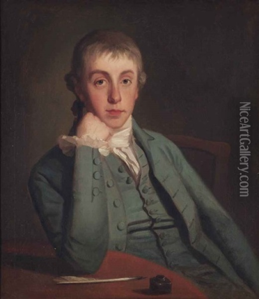 Portrait Of A Gentleman, Traditionally Identified As George Biddle, Half-length, Seated, In A Blue Coat, His Right Elbow Resting On A Table... Oil Painting - George Romney