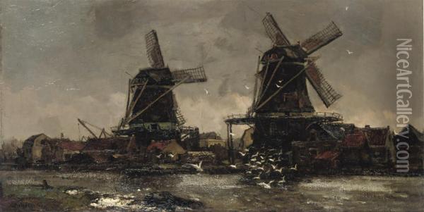 Two Windmills Along A River Oil Painting - Frans Langeveld