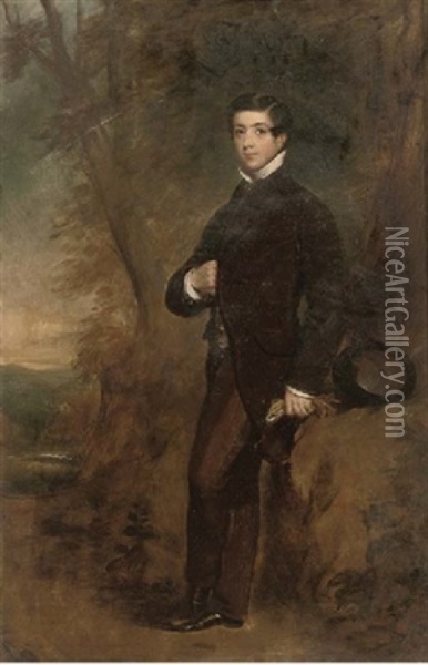 Portrait Of Thomas Edward Fairfax In A Black Coat, Holding Gloves In His Left Hand, In A Landscape Oil Painting - James Godsell Middleton