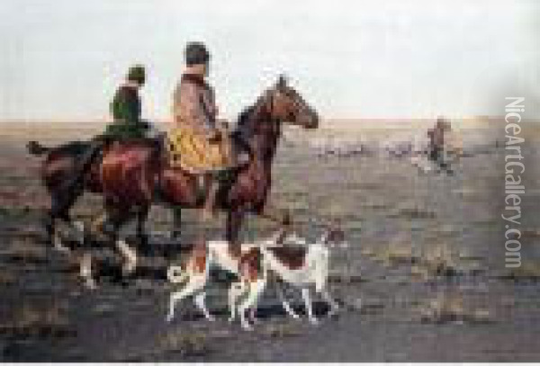 Hunters And A Shepherd On The Tundra Oil Painting - Hugo Ungewitter