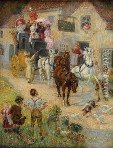 Coach And Horses Outside The Masons Arms Oil Painting - William Irving