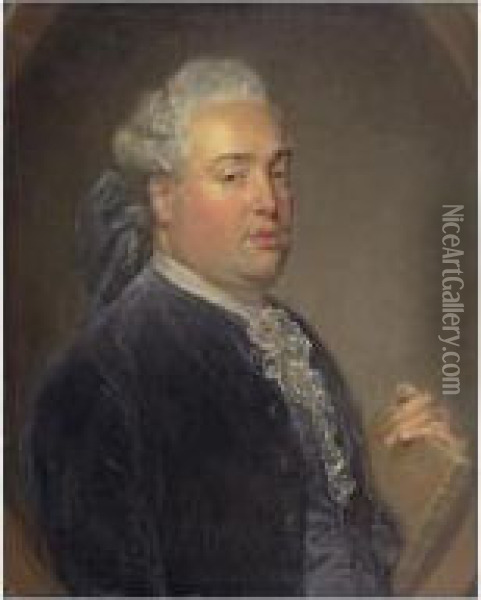 Portrait D'homme En Buste Tenant Un Livre Dans Un Oculus Oil Painting - Jean-Baptiste Perronneau