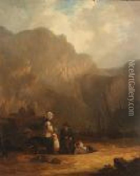 Fisherfolk Chatting On The Shore, Alum Bay Oil Painting - Snr William Shayer