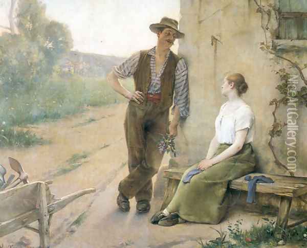 Peasant Couple in Farmyard Oil Painting - Henri Adriene Tanoux