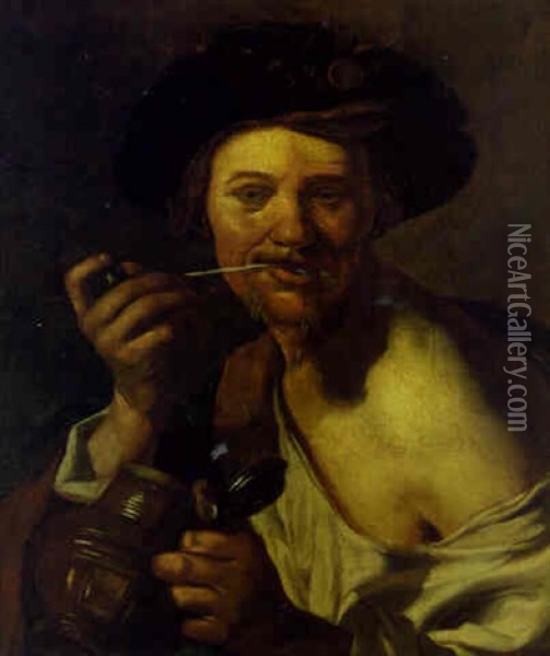 A Bravo Smoking A Pipe Oil Painting - Hendrick Ter Brugghen