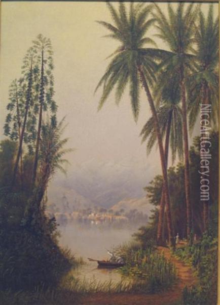 Tropical River Landscape, Possibly The Magdalena River, Columbia Oil Painting - Cleveland Salter Rockwell