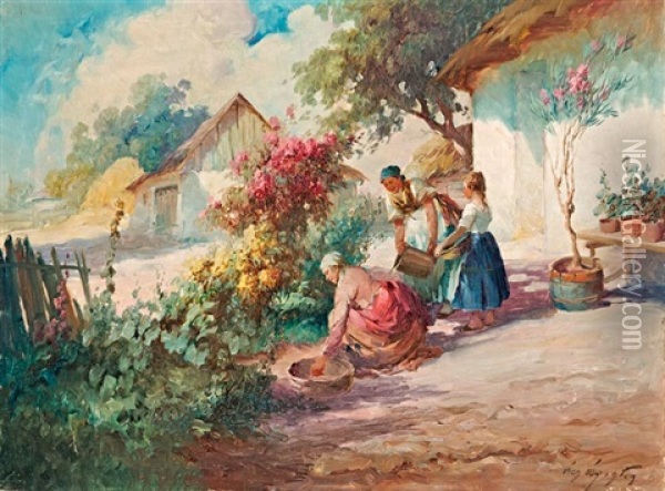 Falusi Udvaron Oil Painting - Agoston Acs