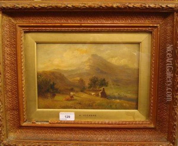 Cows Before Cottage With Mountains Beyond Oil Painting - A.H. Vickers