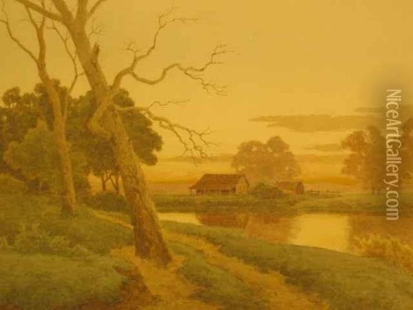 Settler's Hut By The Stream Oil Painting - Henri Tebbitt