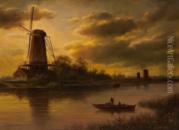 Dutch River Scene Oil Painting - Ellen Vernon
