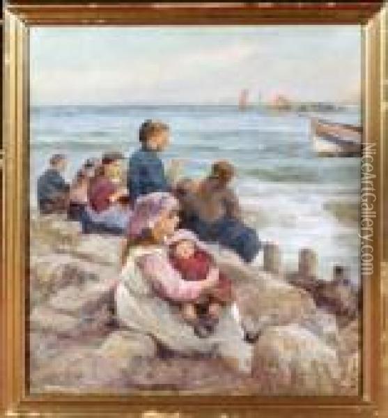 Children On The Rocks At Staithes Harbour Watching The Departure Ofthe Fishing Fleet. Oil Painting - Robert Jobling