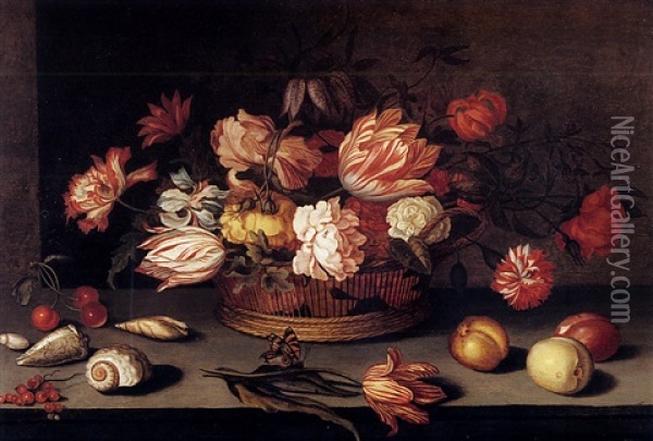 Nature Morte Au Panier De Fleurs, Fruits, Coquillages Et Papillon Sur Un Entablement Oil Painting - Balthasar Van Der Ast