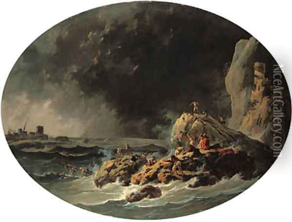 A rocky Coast by the Mouth of the Tagus, with survivors from a shipwreck near a tower Oil Painting - Jean-Baptiste Pillement
