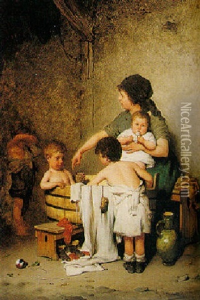 The Childrens' Bath Oil Painting - Gustav Laeverenz